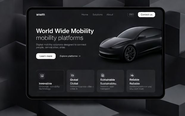 World Wide Mobility platform — laptop dashboard with connected car